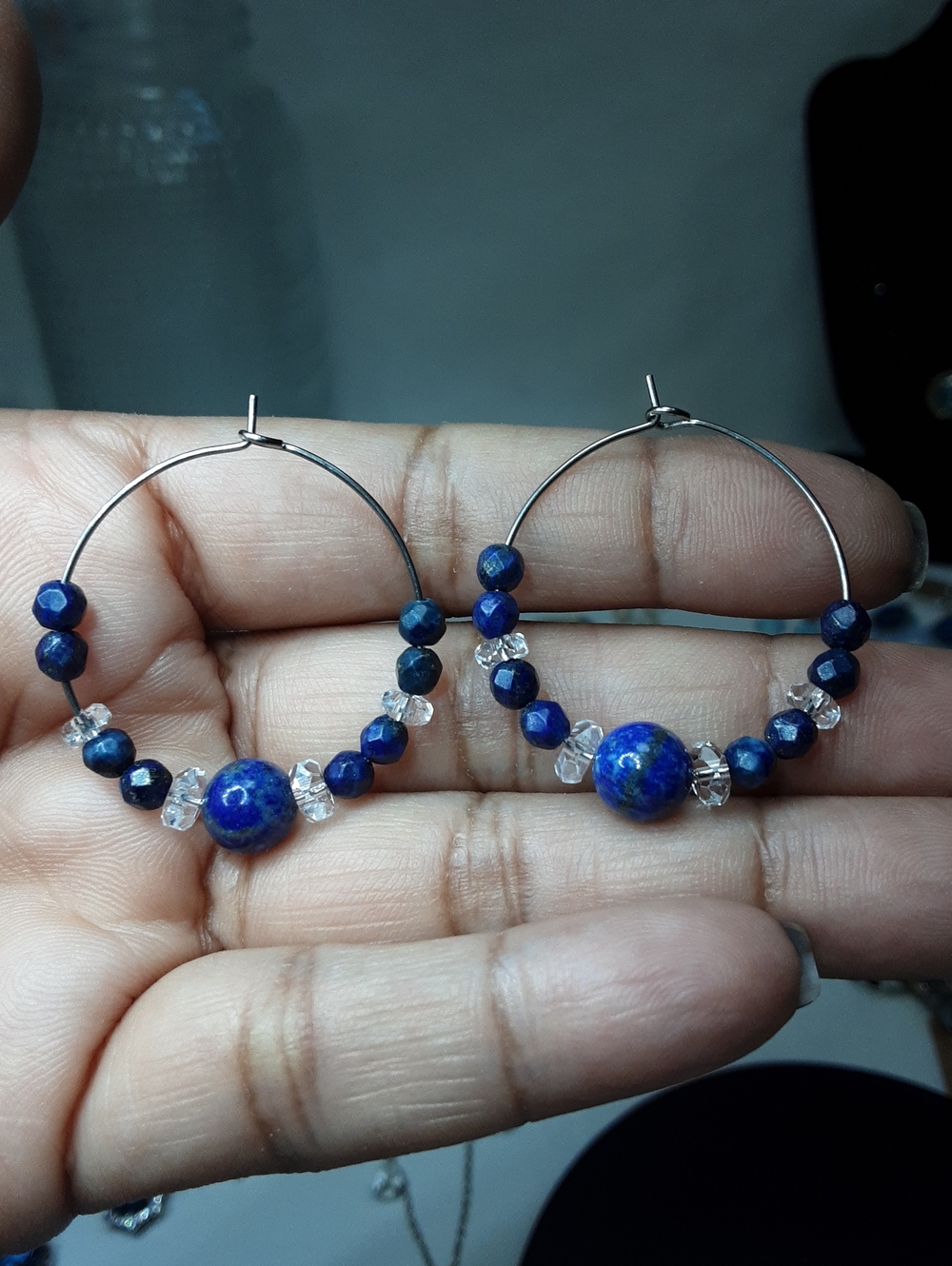 Stainless Steel, Genuine Lapis, Herkimer Diamond Quartz Hoops.